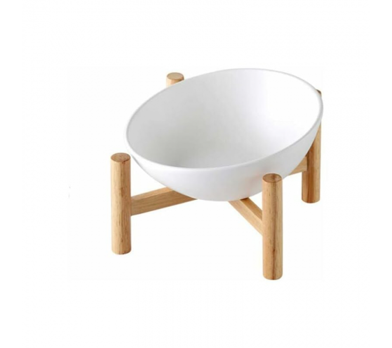 Blanc Porte-gamelle Surélevée Gamelle Incliné Pour Chien Et Chat Céramique Avec Bambou Support