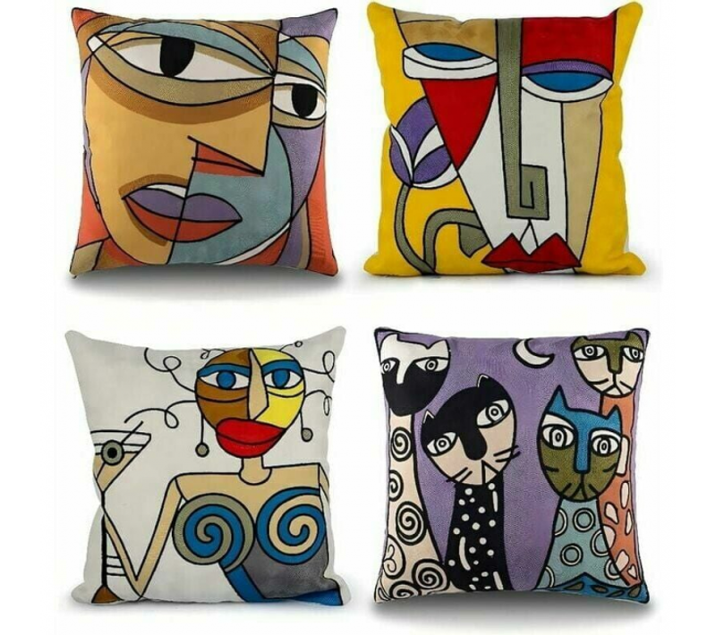 Lot De 4 Housse De Coussin Picasso 45x45 Cm Coton Lin Brodé Housses Coussins Canapé Décoration
