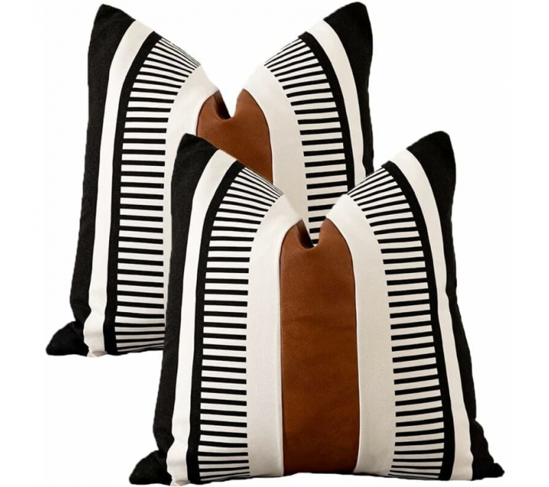 2pcs Housses De Coussin Bohème Noir Blanc Avec Cuir Moderne 18 X 18 Pouces Taie D'oreiller à Rayur