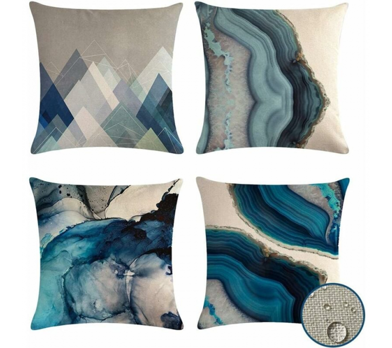 Housses De Coussin D'extérieur Imperméables, Lot De 4 Taies D'oreiller Décoratives Bleues
