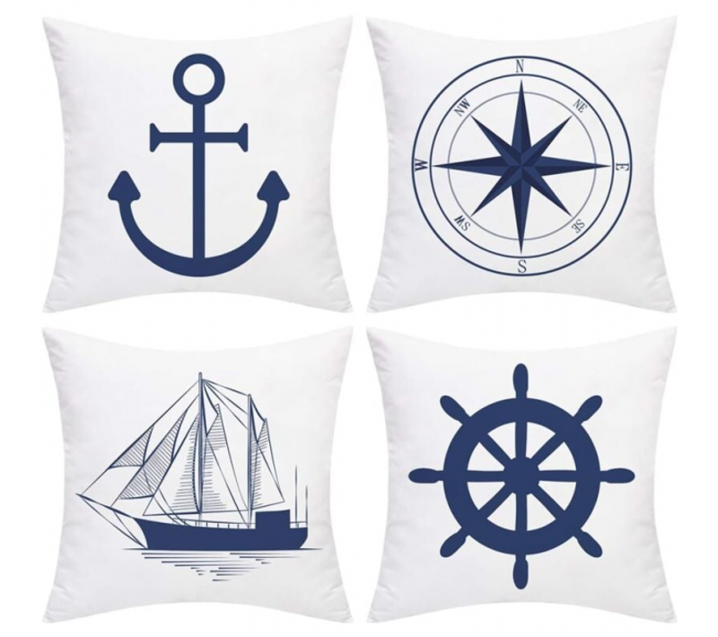 Lot De 4 Housses De Coussin Nautiques - Motif Ancre Marine - Navigation - Boussole - 45 X 45 Cm