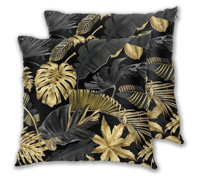 45x45 Cm Lot De 2 Housses De Coussin, Feuilles Tropicales Or Et Noir Sur Fond Sombre Housse Coussi