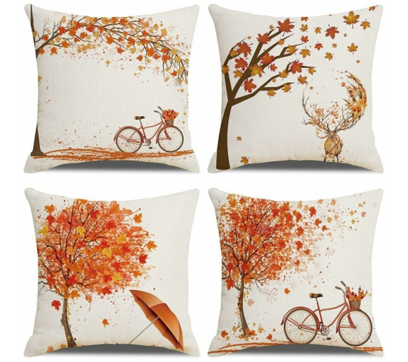 Lot De 4 45x45cm, Orange Automne Feuille D'érable Taie D'oreiller Décoratif Canapé En Coton