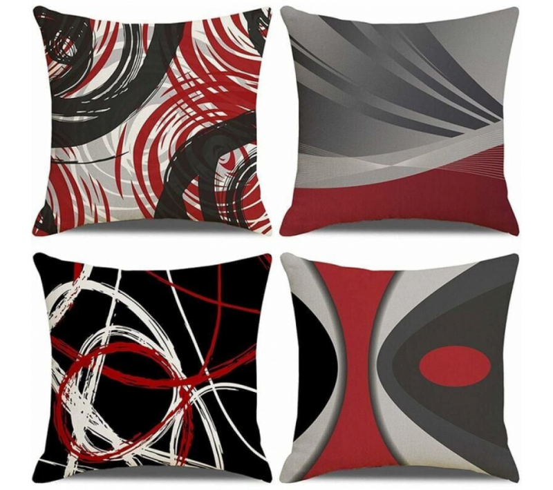 Lot De 4 Housse De Coussin 45x45cm, Rouge Noir Motif Géométrique Taie D'oreiller Décoratif Canapé