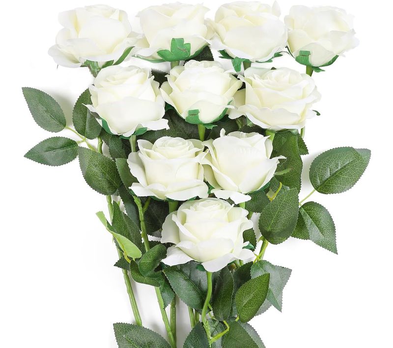 10pcs Blanc Rose Artificielle Fleurs De Soie Bouquet Home Office Arrangements De Mariage