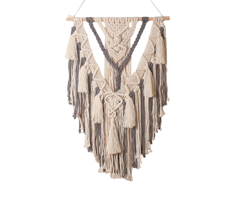 Boho Macramé Tenture Murale Géométrique Tissé Bohème Tapisserie Murale Beige Et Gris Coton Fait