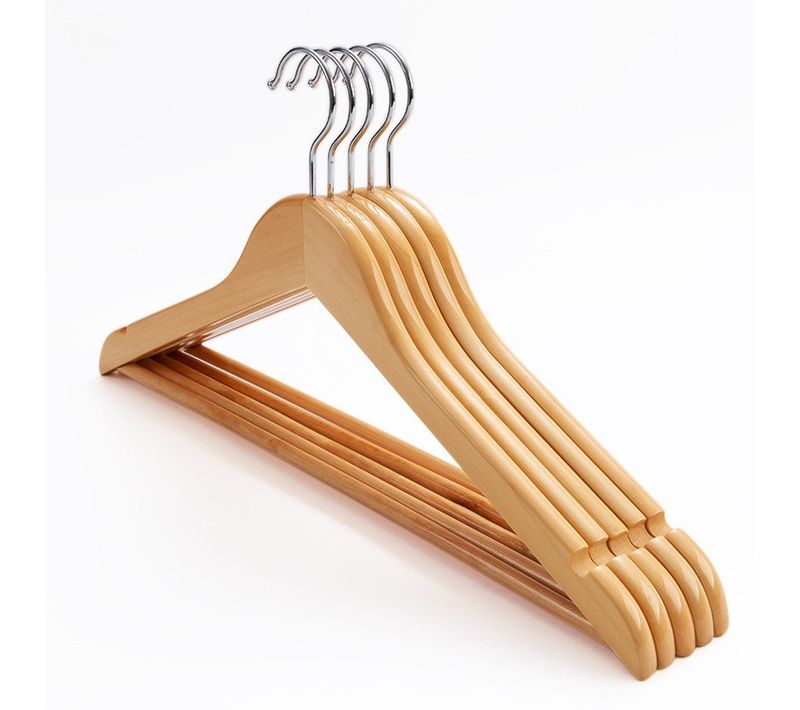 Cintre Bois, Lot De 5, Avec Encoches Antiglisse, Barre Antidérapante Pour Pantalons