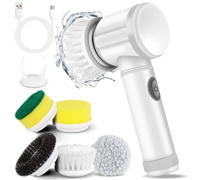 Brosse De Nettoyage Électrique Avec 5 Têtes De Brosse Remplaçables Pour Baignoire, Sol, Mur