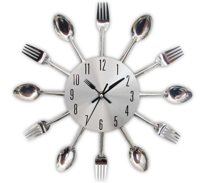 Horloge De Cuisine Effet Miroir Avec Cuillère, Fourchette, Autocollant Amovible En 3d