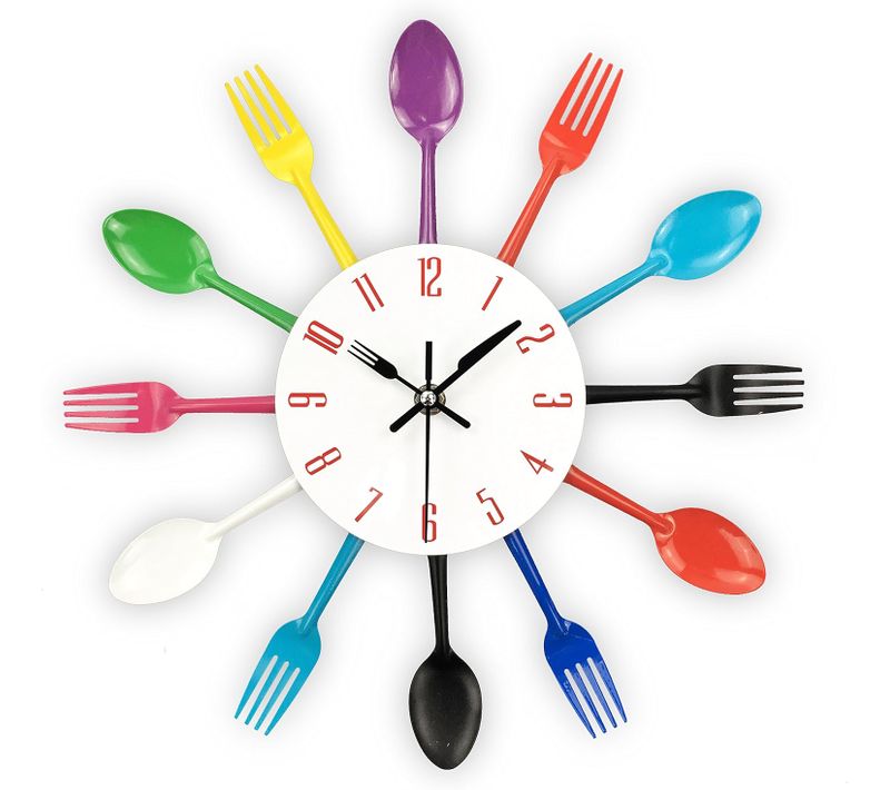 Couleur 32 Cm Horloge De Cuisine Effet Miroir Avec Cuillère, Fourchette, Autocollant Amovible