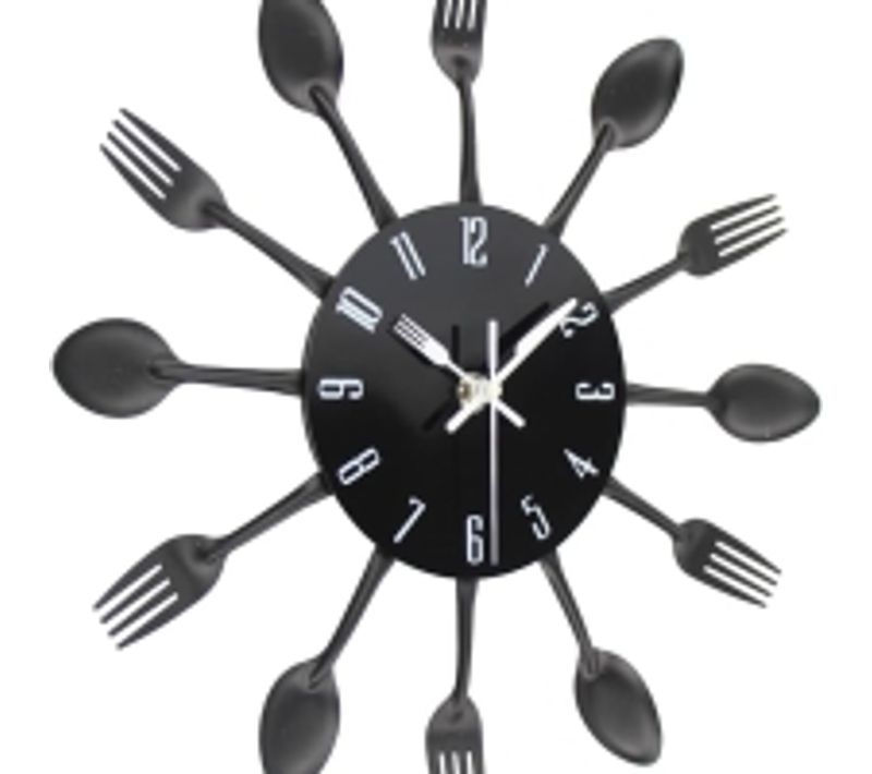 Noir 32 Cm Horloge De Cuisine Effet Miroir Avec Cuillère, Fourchette, Autocollant Amovible