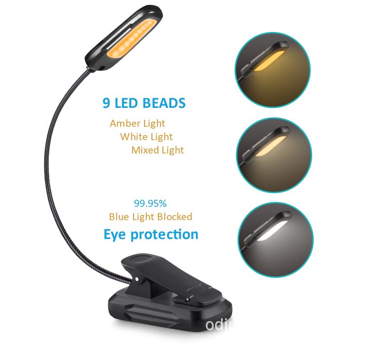 Lampe De Lecture 9 LED Liseuse Lampe Clip Rechargeable USB 9 Modes De Luminosité Et 3 Température
