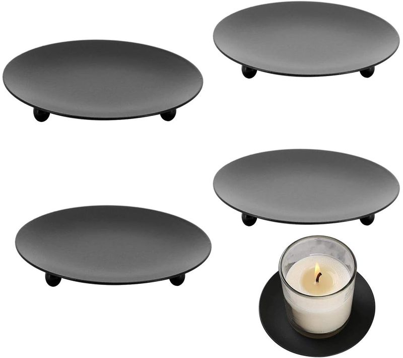 Chandelier Noir(9*1.5cm),4 Pièces Bougeoir Plaque En Métal Candélabre Pilier Chandelier Pour Décorat