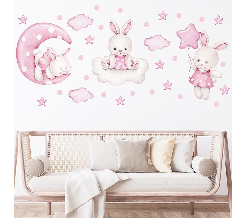 Lapins Avec Ballons Rose ，stickers Muraux Personnalisés Stickers Aquarelle Animaux Avec Nom Stick
