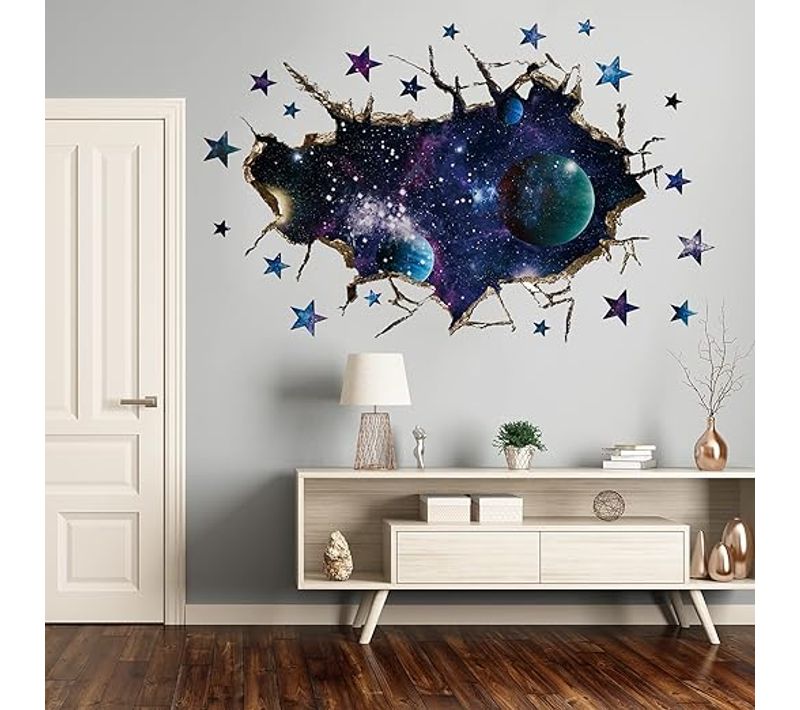 3d Galaxie Bleu Cosmique Stickers Muraux, Mur Brisé Planète Univers Espace Bricolage Autocollant