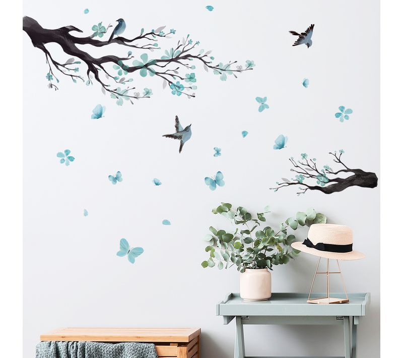Stickers Muraux Branche De Fleur Autocollant Mural Fleurs Bleues Arbre Oiseaux Décoration Murale
