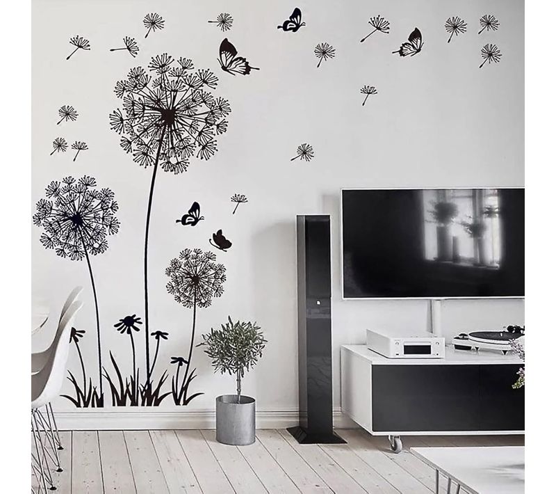 Stickers Muraux Fleurs De Pissenlit Noir (150x114 Cm) I Papillon Plantes Branche Arbre I Autocoll