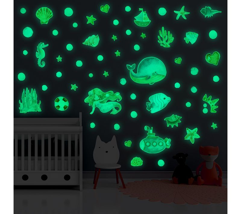 Sea Life Sirène Glow In The Dark Autocollant (vert), Plafond Lune Et Étoiles Glow Autocollant Mur