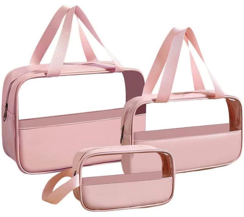 Trousse Cosmétique Transparente 3 Pièces Rose, Trousse De Toilette De Voyage, Organisateur
