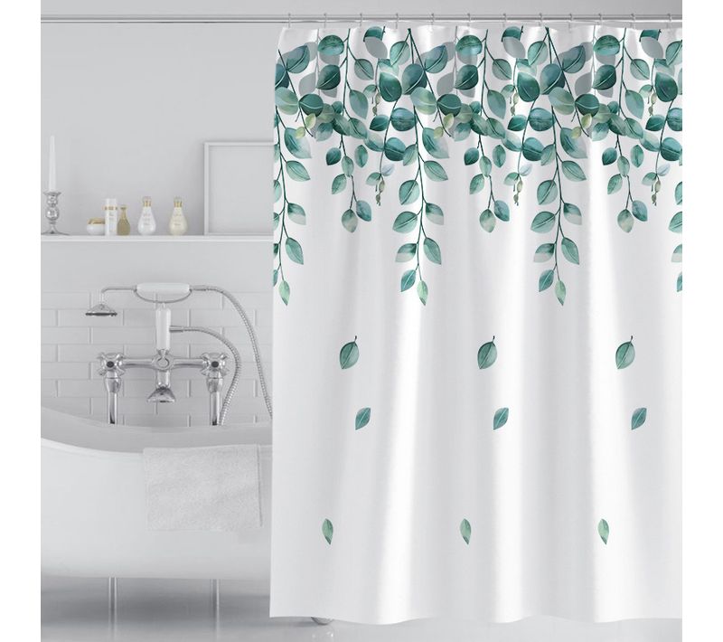 180 X 200cm Rideau De Douche Avec 12 Crochets Séchage Rapidefeuilles Vertes , Tissu Polyester