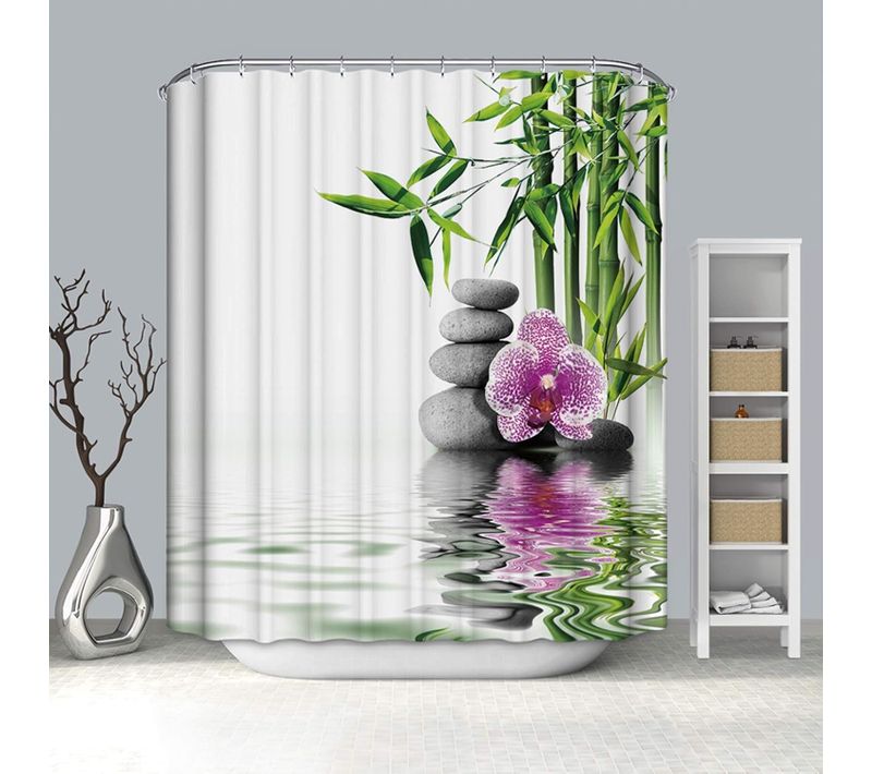 120 X 180 Cm-rideau Douche Blanc Avec Crochet Rideau Douche Bambou Fleuri Rose，rideau Douche