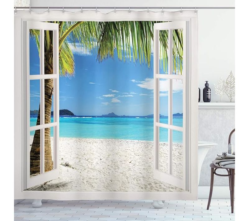 Rideau De Douche En Polyester De Plage 180 * 200cm , Arbre Tropical De Palm Beach, Ensemble
