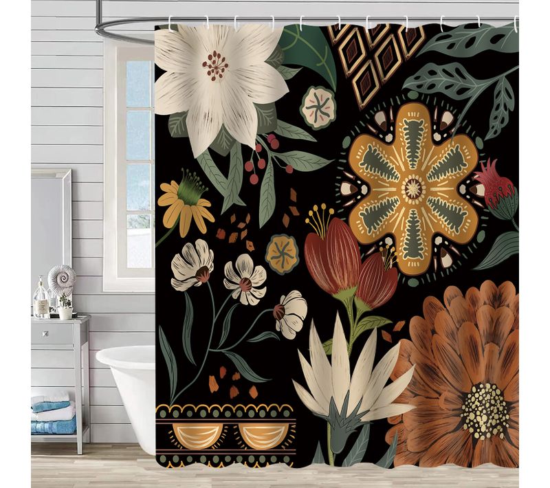 Rideau De Douche Minimaliste à Motif Abstrait De Feuilles - 180*180cm Motif Sur Fond Noir