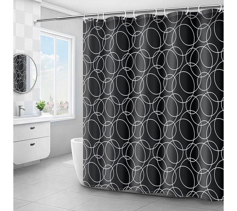 Rideau De Douche Noir à Motifs Circulaires-180*180cm, Lavable En Machine, Rideau De Douche