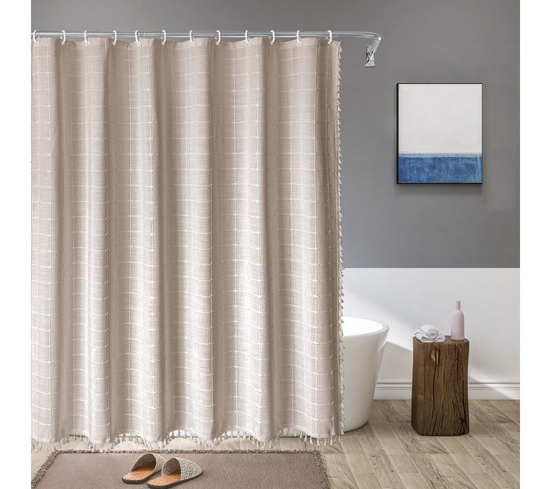 180*180cm Rideau De Douche à Pompon En Polyester Lin Kaki , Rideau De Douche Imperméable