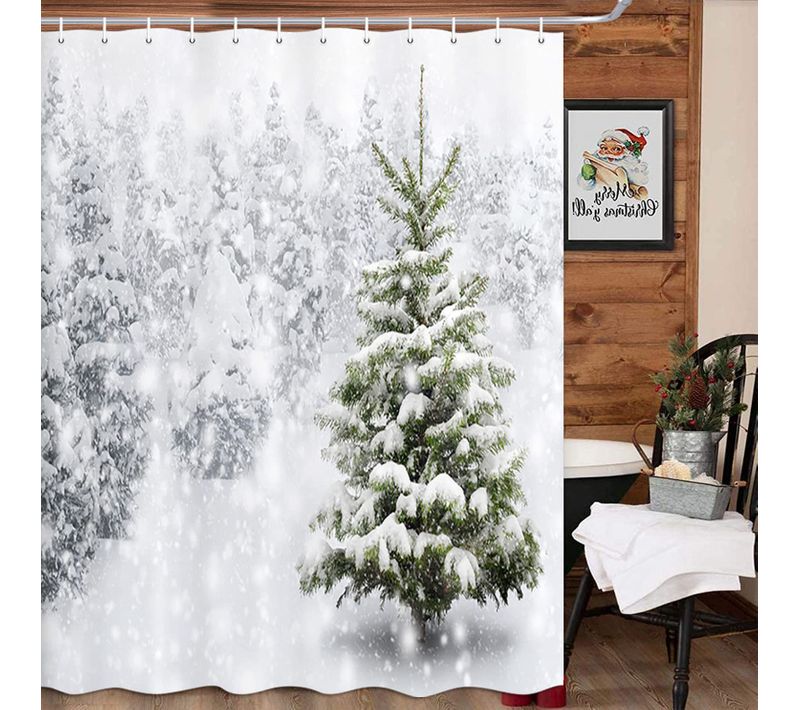 180*180cm Rideau De Douche En Cèdre D'hiver Blanc , Rideau De Douche Imperméable Avec Crochets