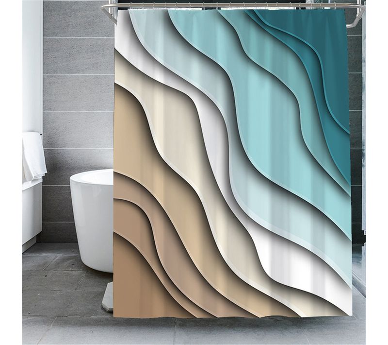 180*180cm Rideau De Douche Abstrait à Vagues Bleu , Rideau De Douche Imperméable Avec Crochets