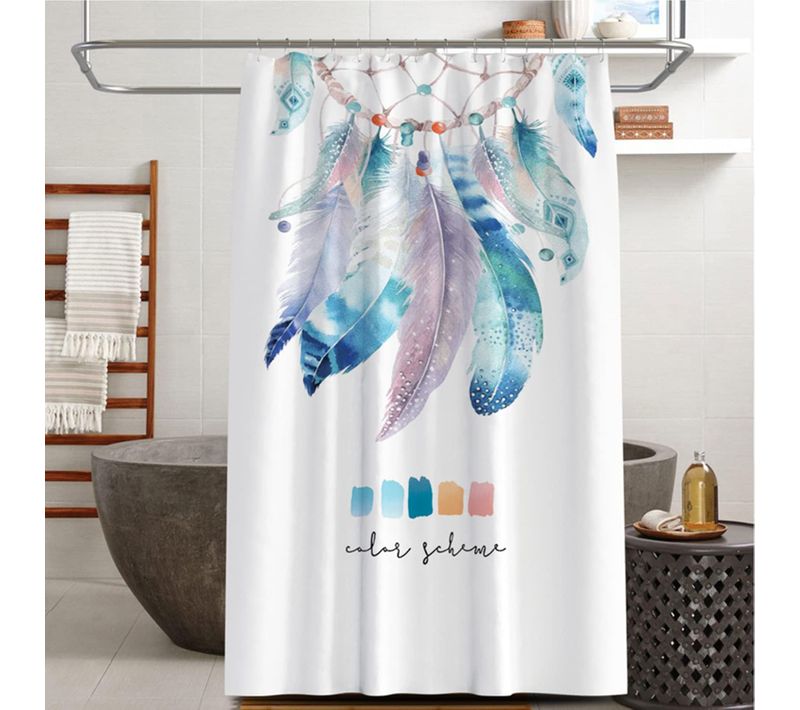 180x200 Cm，motif Plume Rideau De Douche Anti Moisissure ,rideau De Douche Tissu Lavable En Machi