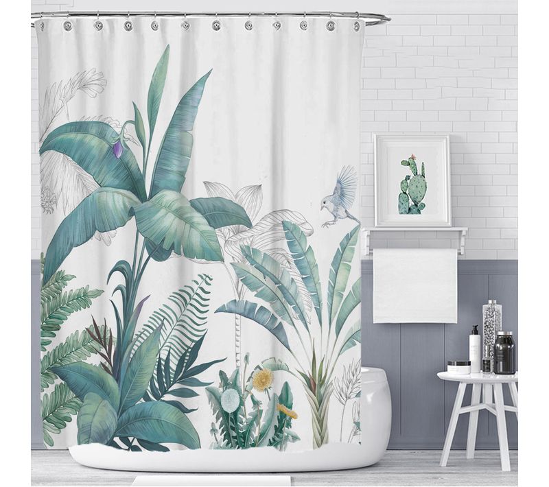180 X 180 Cm Avec 12 Crochets Rideau De Douche Feuille De Bananier Vert Plantes Tropicales