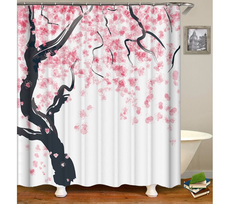 Floral Rideau De Douche, 180 Cm X 180 Cm, Rose Noir, Arbre De Fleurs De Cerisier, Tissu Ensemble