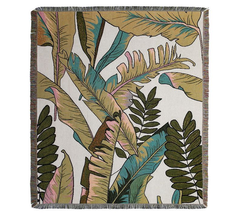 Plaid Feuilles De Plantain Tricotée Décorée Avec Des Franges Bohême - 160x130 Cm