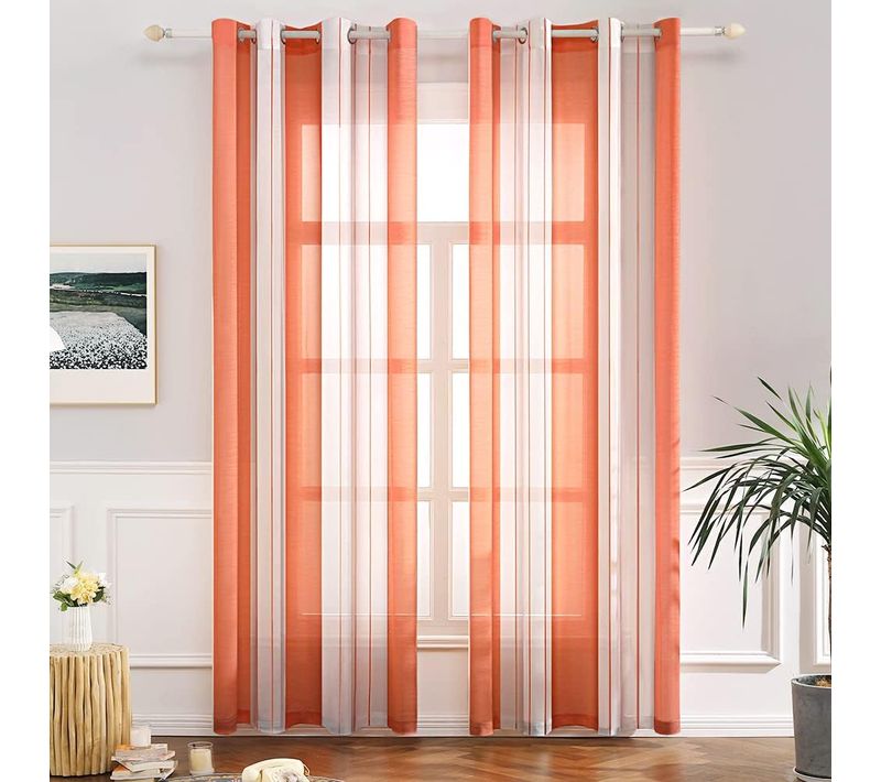 Lot De 2 Rideaux Oeillet Voilage Moustiquaire Broderie D'impression De Rayure En Polyester