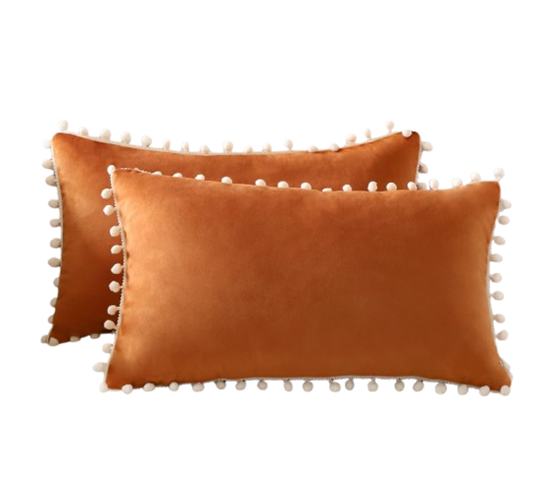 30x50 Cm, Orange Lot De 2 Housses De Coussin Décoratives En Velours Doux Pompons Taies D'oreill