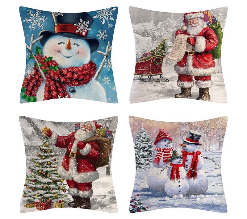 Housse De Coussin De Noël, Bonhomme De Neige, Père Noël, Housse De Coussin En Lin Imprimé Sable