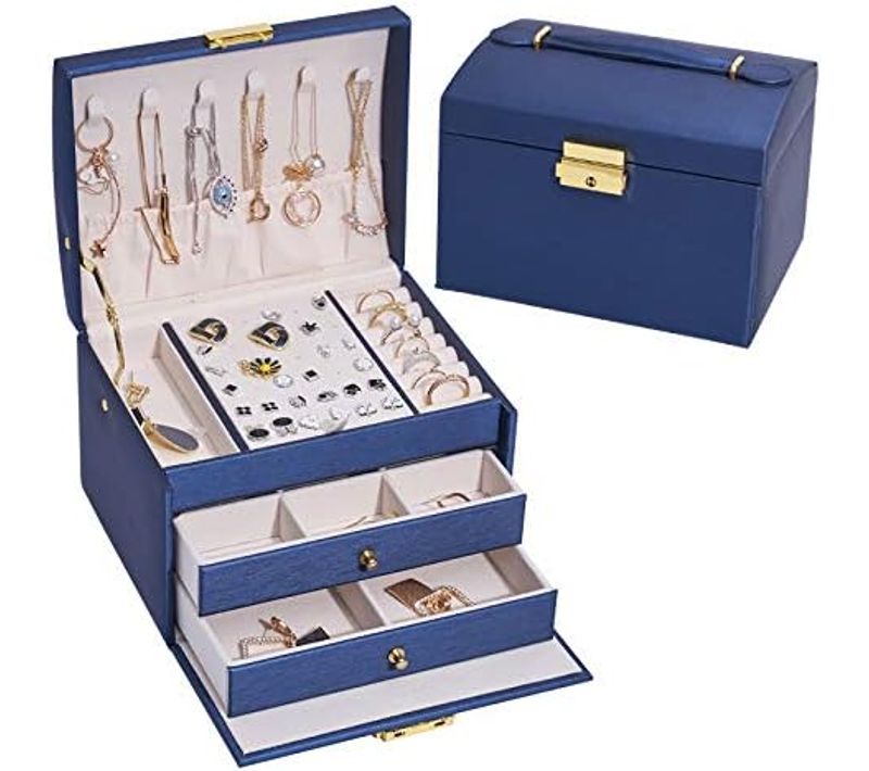 Boite à Bijoux Femme Fille Bleu Marine , Boîte à Bijoux Coffret à Bijoux Rangement Bijoux
