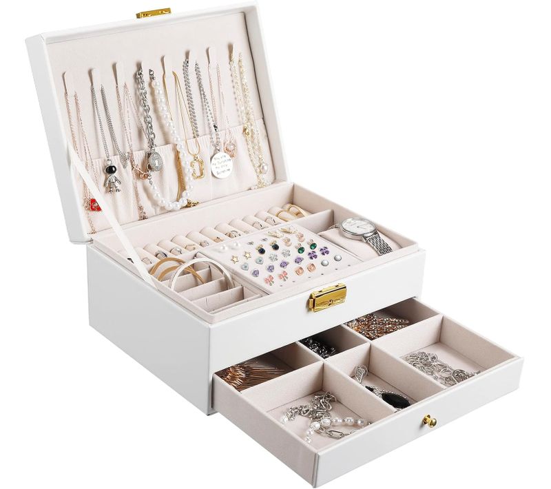 Blanc Boîte à Bijoux Femme, 2 Niveaux Rangement Bijoux Voyage Fille En Cuir Pu, Organisateur