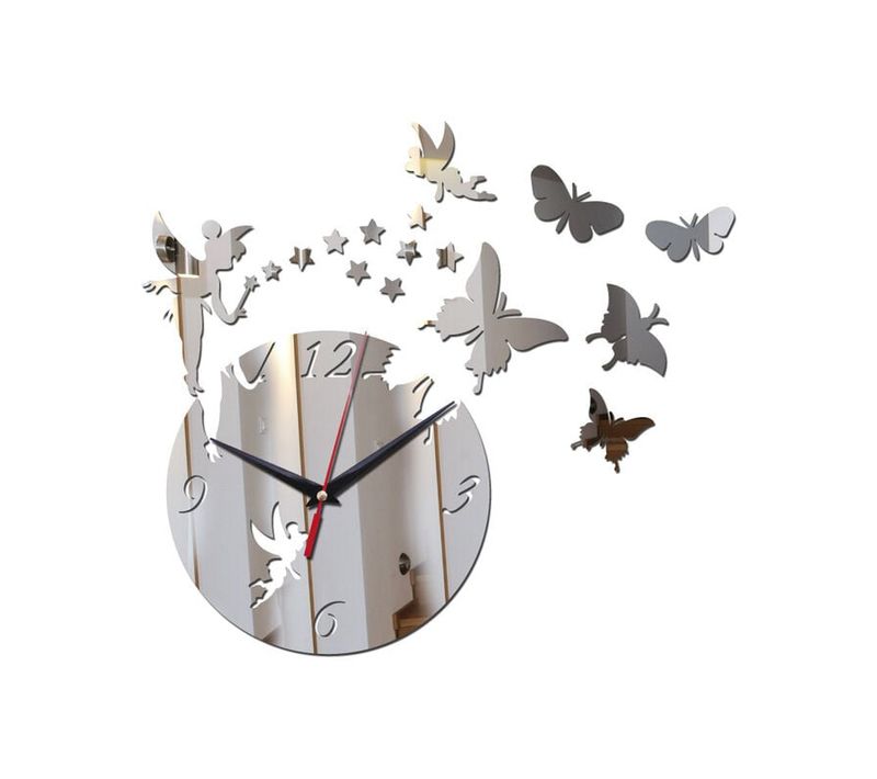 New 3d Mirror Effect Wall Clock Fairy Butterfly Home De