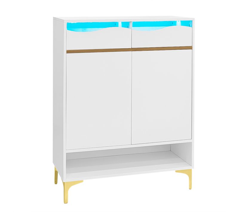 Armoire à Chaussures Blanc Moderneavec LED Et 2 Tiroirs, Design Et Éclairage Pour Couloir