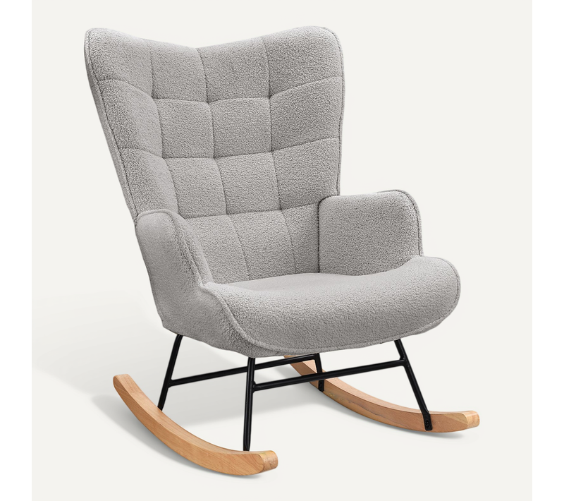 Fauteuil à Bascule En Peluche Teddy, Fauteuil De Lecture Rembourré, Dossier à Carreaux, Gris Clair