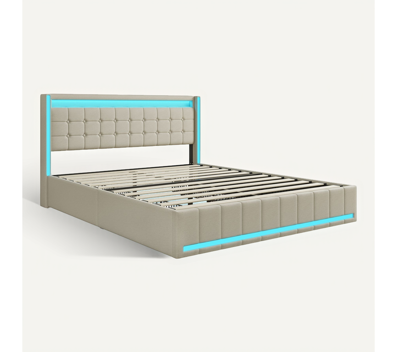 Lit double capitonné 140 x 190 cm, avec tête de lit et éclairage LED, 4 tiroirs, tissu lin, beige