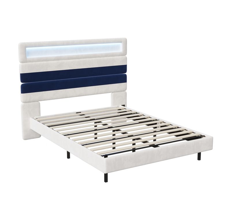 Lit rembourré 140x190cm avec éclairage LED et ports USB, tête de lit réglable, blanc