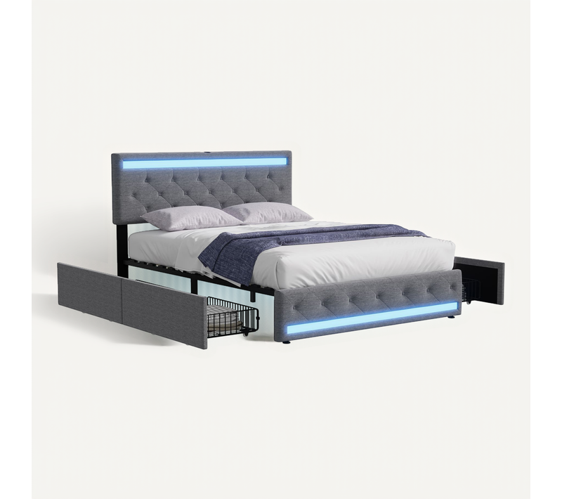 Lit 140x190 Cm Avec Sommier LED Et USB,lit Double Rembourré Avec Sommier à Lattes Et 4 Tiroirs, Gris