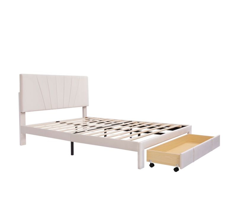 Lit Capitonné De 140 X 200 Cm, Lit Double Avec Sommier à Lattes, Dossier Et Grand Tiroir, Beige