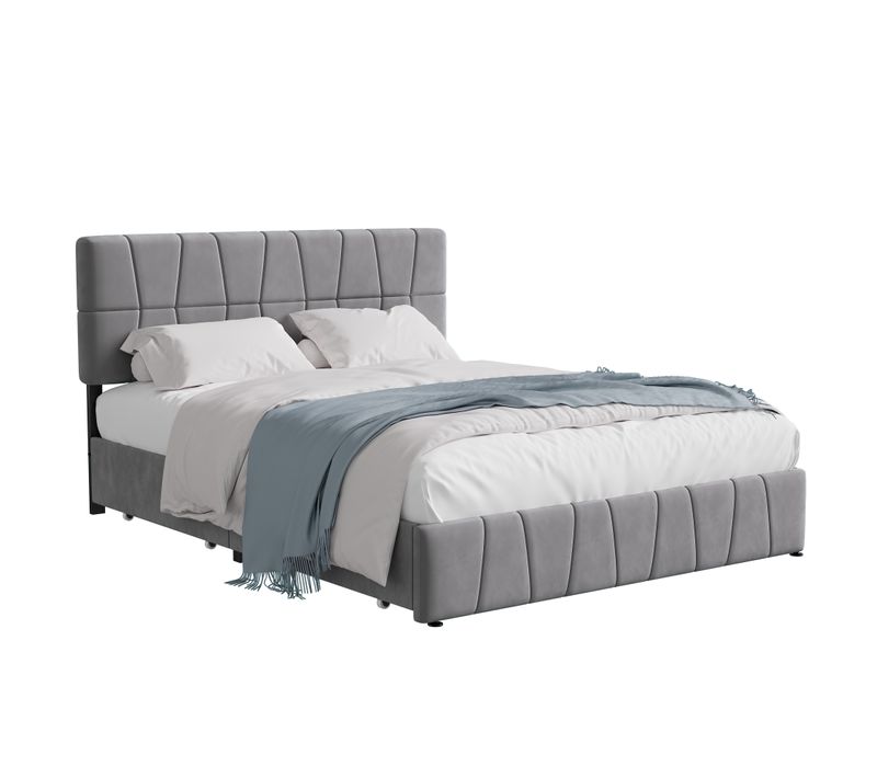 Lit Capitonné 160x200 Cm Avec Grand Rangement, Double Avec Dossier Et Sommier à Latte, Velours,gris