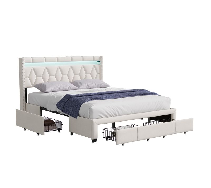 Lit Coffre 160x200, Lit 2 Personnes Avec LED, Lit Capitonné Avec 4 Tiroirs De Rangement, Lin, Beige