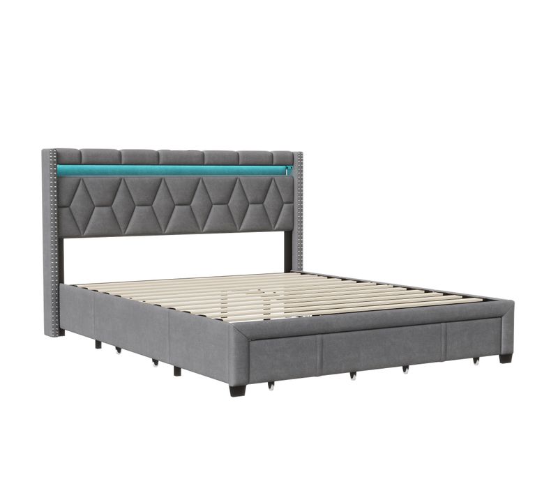 Lit Coffre 140x200, Lit 2 Personnes Avec LED, Lit Capitonné Avec 4 Tiroirs De Rangement, Lin, Gris